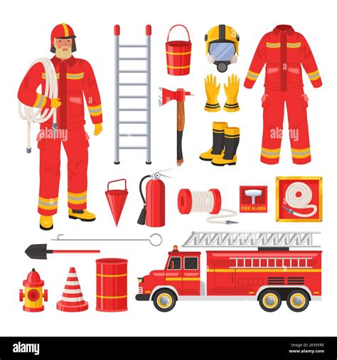 firefighter uniform and equipment set flat vector illustration fireman red fire engine water