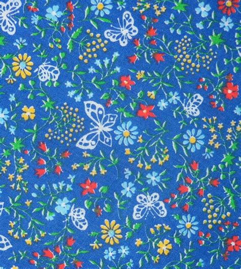 Vintage Calico Fabric Royal Blue With Flowers And By Sparklebettie