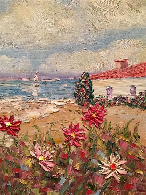 Abstract Beach Seascape Wild Flowers Original Oil Painting
