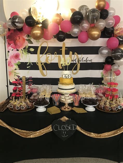 See the full list of our view our alice in wonderland party theme table décor for this 21st birthday dinner. Pink black and gold with striped backdrop and balloon ...