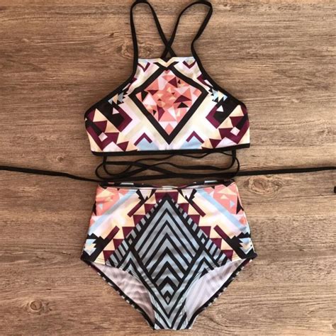 Bikini Set 2018 Printed Sex Women High Waist Push Up Padded Swimsuit Crop Top Biquini High Neck