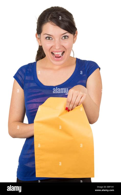 Beautiful Young Woman Opening Yellow Envelope Stock Photo Alamy
