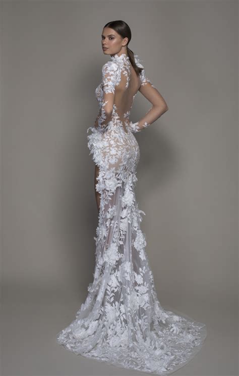 Long Sleeved High Neck Illusion Lace Sheath Wedding Dress With Slit Kleinfeld Bridal