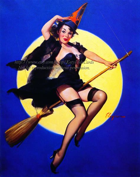 Halloween Witch Print Pinup Girl Rides Broom Full Moon Gil Etsy