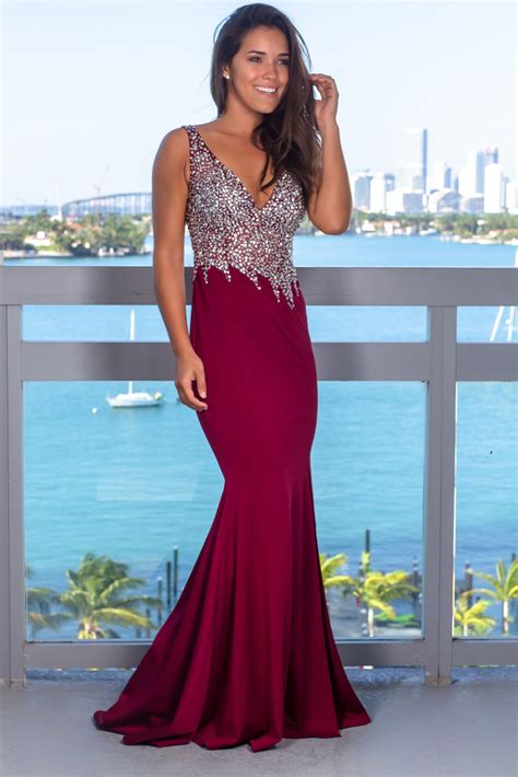 Wine And Silver Jeweled Top Maxi Dress with Open Back | Top maxi ...