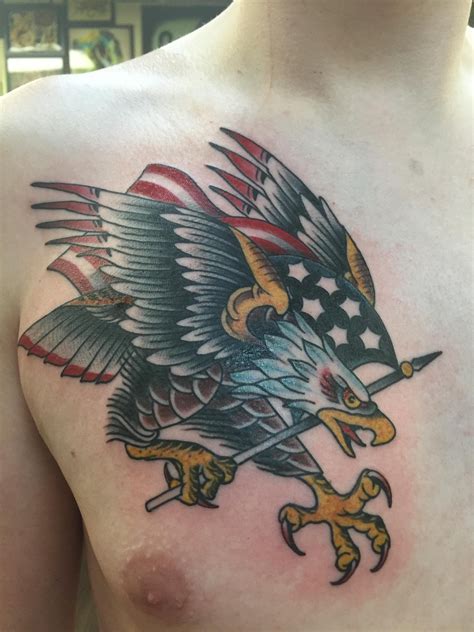 Won't go wrong with a chest & arm tattoo American traditional eagle by Scott Sketo at Tattoo ...