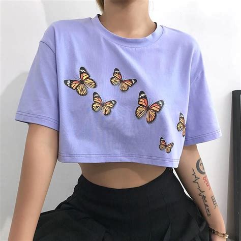 korean women casual butterfly printed tshirt fashion cute crop top ladies loose cotton tees