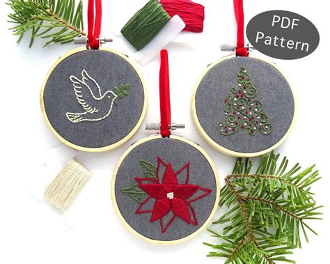 Christmas Ornament Hand Embroidery Pattern Download Dove Poinsettia