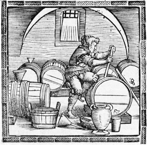 An Old Drawing Of A Man Standing In Front Of Barrels And Holding A Jug
