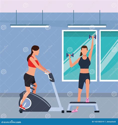 Women Working Out In The Gym Stock Vector Illustration Of Equipment