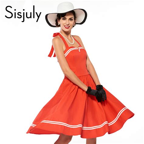 Sisjuly Vintage 1950s Festa Summer Women Dress Striped Sleeveless Dress Red Party Fashion Halter