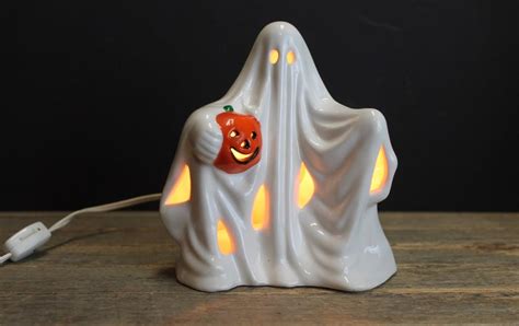 Vintage Lighted Ghost With Pumpkin Ceramic Halloween Decor Best