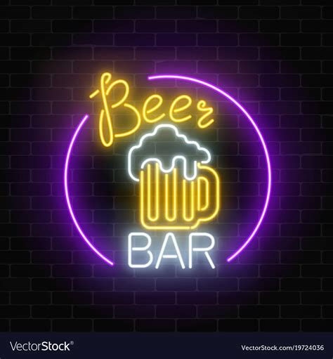 Glowing Neon Beer Bar Signboard In Circle Frame Vector Image