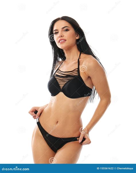 Mooie Jonge Vrouw In Zwarte Bikini Op Wit Stock Foto Afbeelding Hot