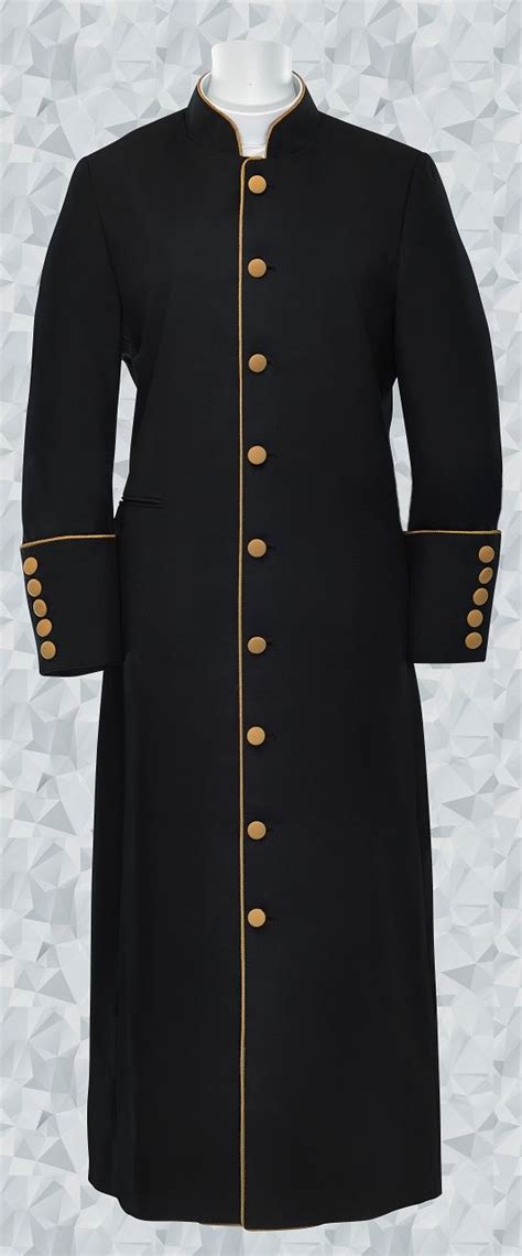 ladies black clergy robe cassock style with gold trimming piping and buttons clergy women