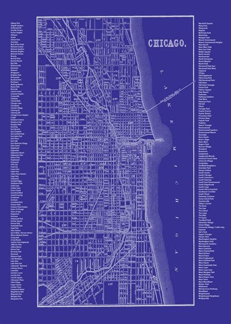 Chicago Blueprint Map Neighborhood Map Blue Blueprint Print Poster