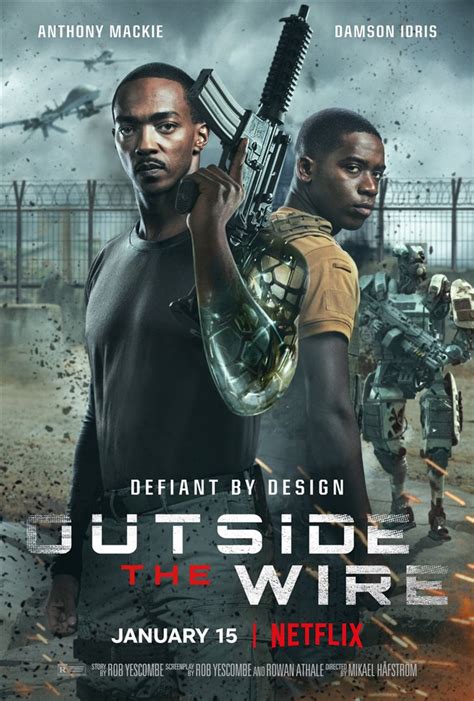 Drone pilotu olan leo (damson idris) bir anda kendini ölümcül bir askeri bölgenin içinde bulur. Outside the Wire (Netflix) movie large poster.