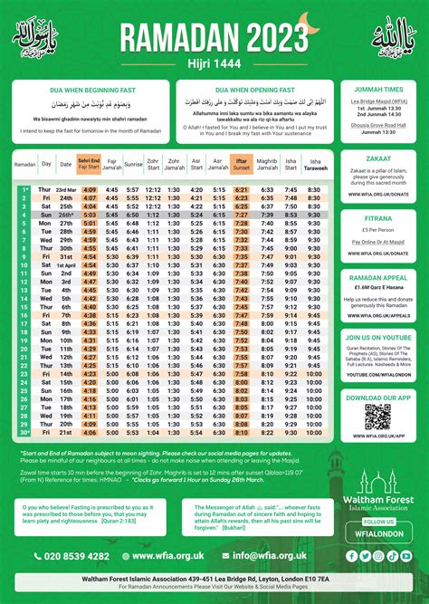 Ramadan Timetable 2023 Hijri 1444 Wfia Lea Bridge Road Mosque