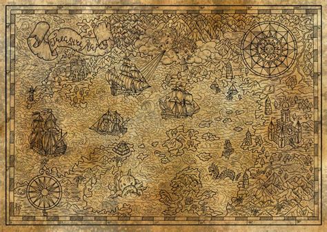 Pirate Treasure Map With Fantasy Elements On Texture Stock