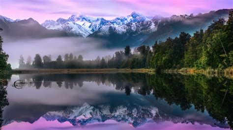 Lake Mountains Fog Reflection Forest Scenery 4k Hd Wallpaper
