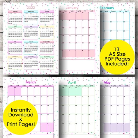 Monthly Calendar Printable Monthly Planner Calendar 2022 A5 Etsy