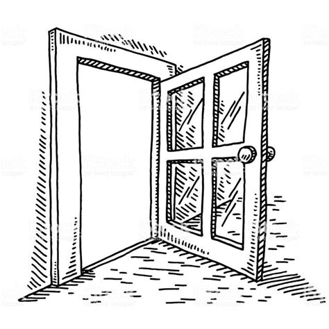 Hand Drawn Vector Drawing Of An Open Door Black And White Sketch On