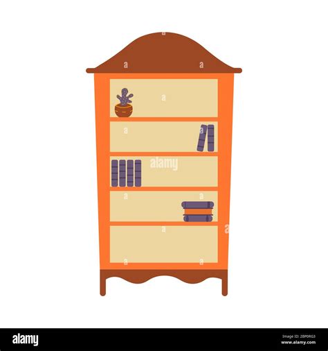 Bookcase With Shelves Cactus In A Pot Stacks Of Books Flat Vector