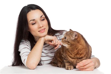 Beautiful Smiling Brunette Girl And Her Ginger Cat Over White Ba Stock Photo Image Of Claws
