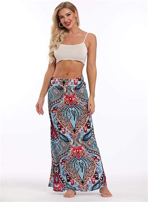 Yinggeli Womens Bohemian Print Long Maxi Skirt Small B Flower At Amazon Womens Clothing
