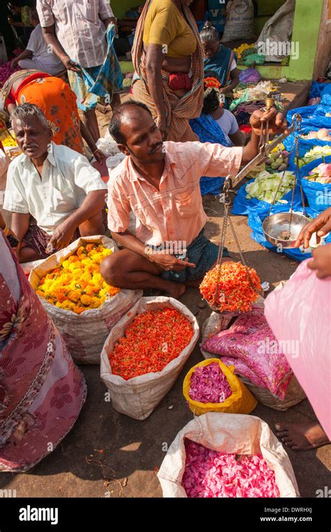 South Southern India Tamil Nadu Madurai Flower Market Man Male Sells