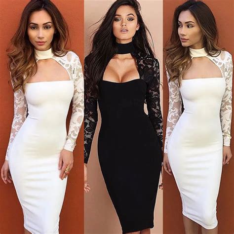 Sexy Women Lace Pencil Dress Long Sleeve Sexy Low Cut Dress Bandage Bodycon Evening Party