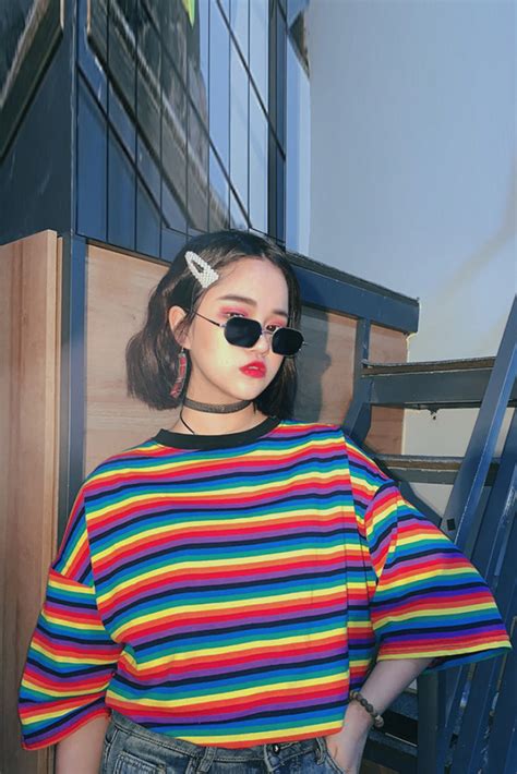 Harajuku Koreanstyle Ulzzang Retro Rainbow Stripe Shirt By22094 Aleeby
