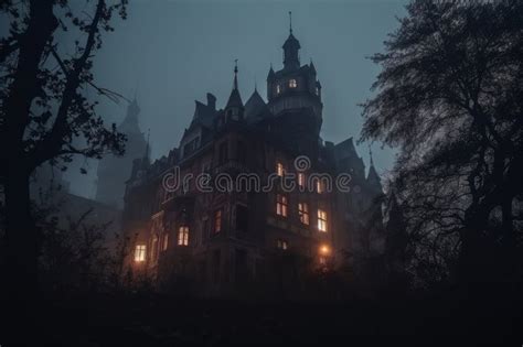 Spooky Old Gothic Castle Foggy Night Haunted Mansion Stock