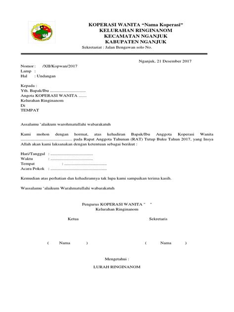 Contoh Surat Undangan Rapat Koperasi Sekolah Karangan Pendek Imagesee