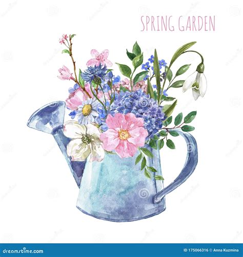 Watercolor Flowers In A Rustic Watering Can Spring Hand Painted Floral