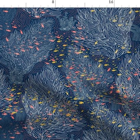 Coral Blue Nautical Ocean Fabric Coral Reef And Small Fishes Etsy