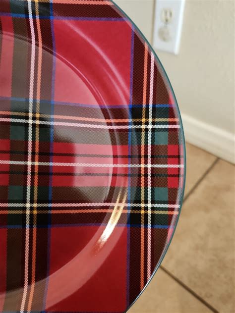 S/4 Pottery Barn Stewart Plaid Tartan Salad Dessert Plate Christmas RED