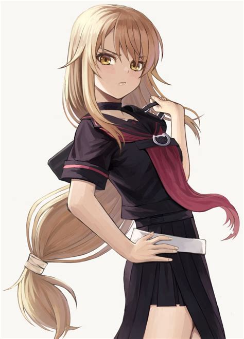 An Anime Girl With Long Blonde Hair Wearing A Black Dress