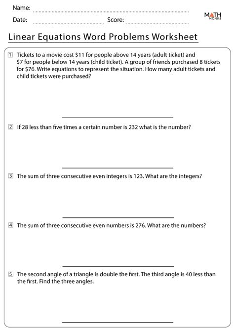 Linear Equations Word Problems Worksheets With Answer Key