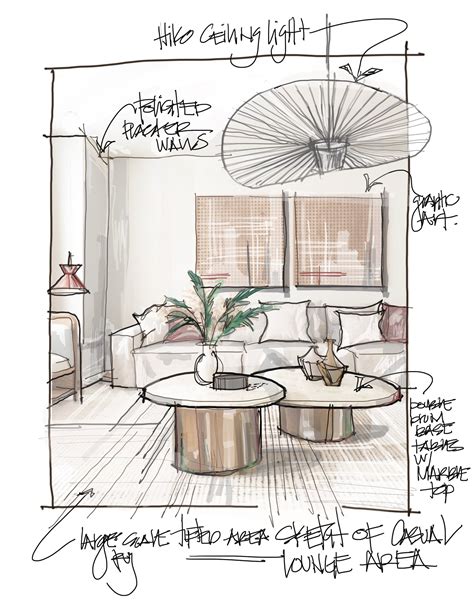 Marker Sketch And Rendering Of Interior Living Area With A Sofa And