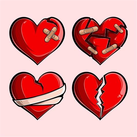 Romantic Red Broken Hearts Set Broken Stuck Shattered Cut Out Torn And Roping Hearts 2013503