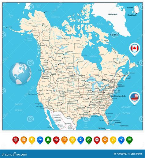 Usa And Canada Large Detailed Political Map With Map Pointers Stock