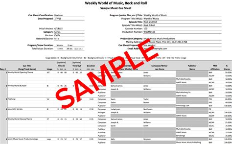 A cue sheet is effectively a list of all the music used in your film, along with other key information. Music cue sheet for film