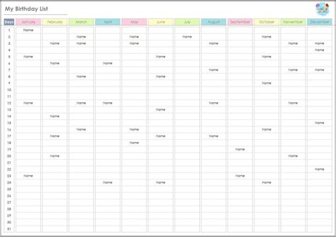 Birthday Calendar Excel Template Fillable Birthday Planner Etsy