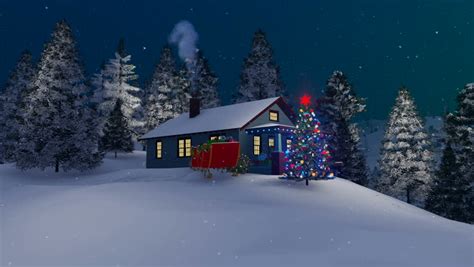 Dreamlike Winter Scene Illuminated Christmas Tree And Rustic House
