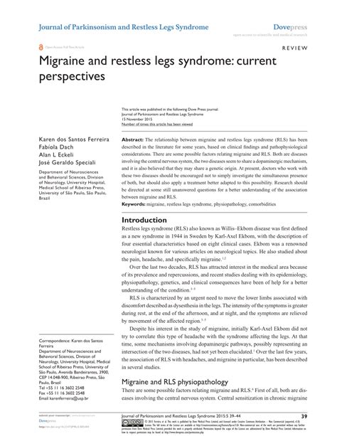 Pdf Migraine And Restless Legs Syndrome Current Perspectives