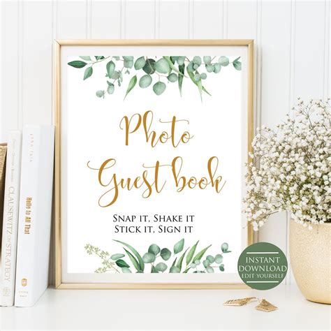 Using your favorite engagement photos, gather them in a creative photo album for guests to sign on your wedding day. Wedding Photo Guest Book Sign, Greenery Wedding Sign, Gold Wedding, Printable, Instant Download ...