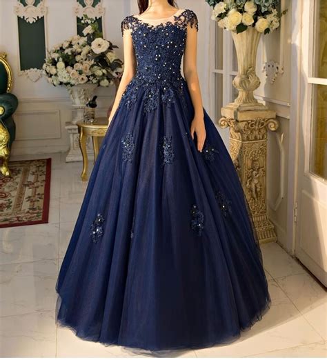 Elegant Navy Blue Ball Gown Prom Dresses 2017 Hot Cap Sleeves Floor