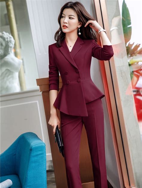 Elegant Maroon Red Formal Uniform Designs Pantsuits With Jackets And