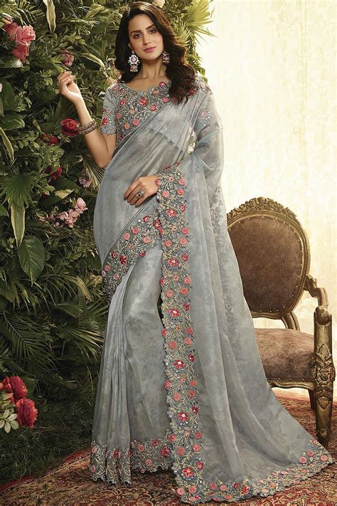 Buy Grey Floral Embroidered Party Wear Saree In Organza Online Like A